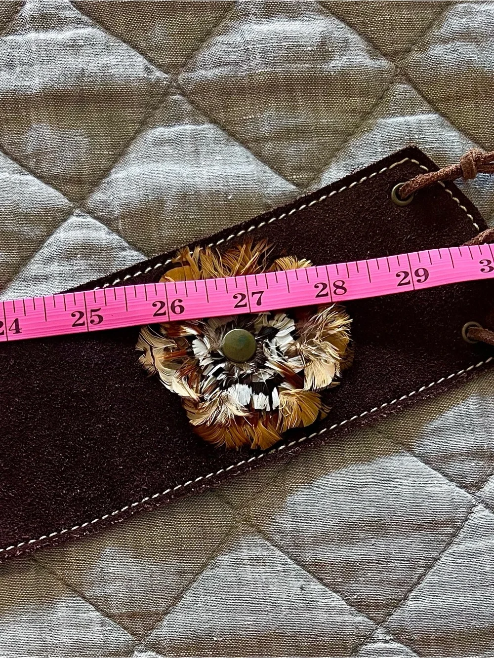 Brown Suede Lace-Up Belt with Feather Rosette Accents